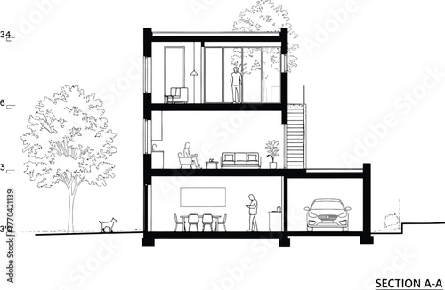 Architectural cross section drawing of a modern multi story residential building with furniture and trees
