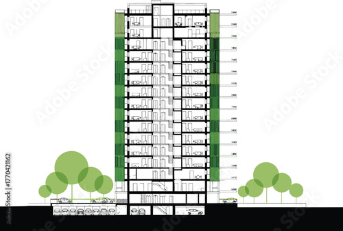 Architectural cross section drawing of a modern high rise building with green vertical gardens and stylized trees