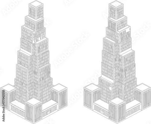 Two detailed isometric line art illustrations of futuristic towering skyscrapers with intricate architectural details and stepped facades