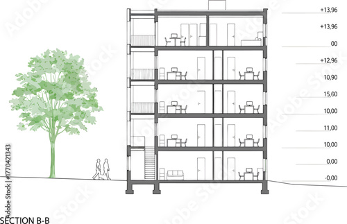 Architectural cross section drawing of a multi story residential building with exterior tree and detail callouts