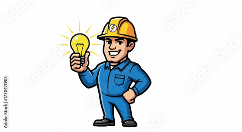 Smiling electrician mascot with bright idea holding lightbulb, perfect for energy, innovation, or electrical services campaign, showcasing expertise and solutions