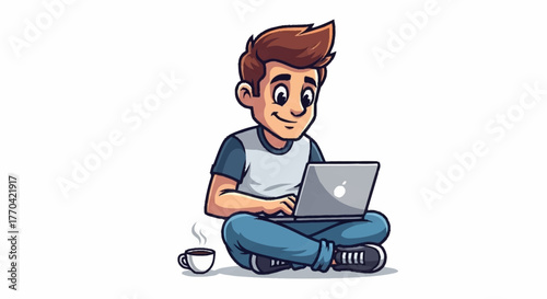 Cartoon man working on laptop with coffee, a modern digital nomad achieving goals with relaxed focus and concentration, ready for your project needs