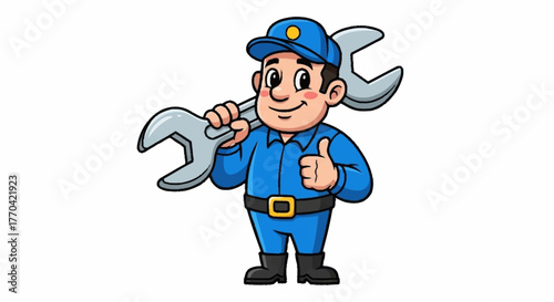 Cartoon mechanic mascot with wrench giving thumbs up offers reliable service and expertise for automotive repair and maintenance needs promotion