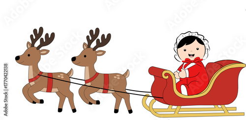 Adorable baby in red outfit riding a sleigh pulled by two reindeer. Sweet Christmas cartoon vector perfect for festive cards, holiday prints, and winter designs.