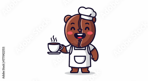 Adorable coffee bean barista serving hot beverage with a smile, perfect for cafe promotions and menu designs that need a touch of heartwarming charm
