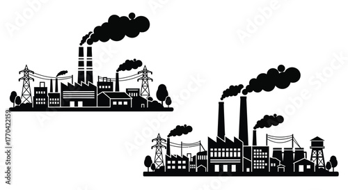 Industrial scene with factories smoke stacks power lines and trees depicted