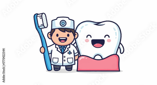 Adorable dentist character holding toothbrush with happy tooth mascot promotes dental care education and cheerful pediatric dentistry clinics with friendly designs
