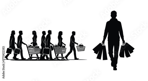 A silhouette of people shopping with full bags and carts