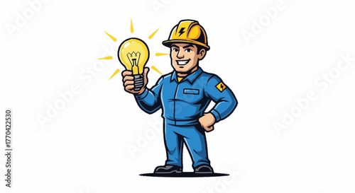 Smiling electrician holding bright lightbulb embodies innovation and problem-solving, perfect for highlighting energy efficiency and electrical services promotions