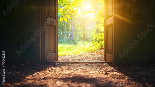 Open door revealing a bright new world, symbolizing opportunity, hope, growth, change, and fresh beginnings.