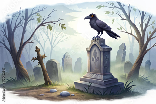 Black crow perched on old tombstone surrounded by morning fog in cemetery