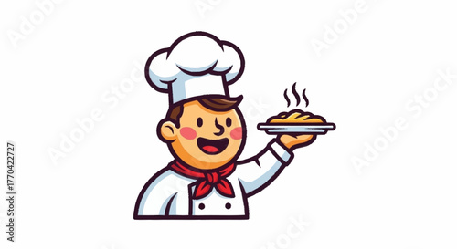 Cheerful chef presenting a delicious hot meal, perfect for restaurant menus and culinary promotions, showcasing food service with a smile