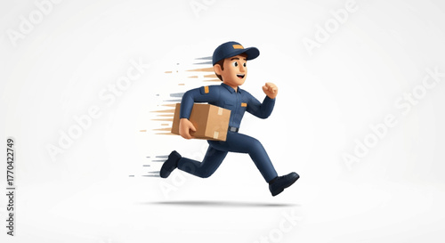 Speedy delivery cartoon character running with package ready to deliver on time, perfect for advertising fast shipping and reliable service