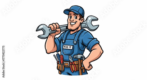 Friendly handyman ready to assist with home repairs, smiling while holding a wrench and wearing his tool belt in a cartoon style illustration