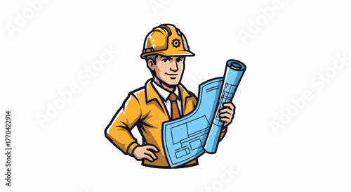 Professional architect reviewing construction plans with modern design wearing hardhat, ideal for construction projects or architecture designs and building permits