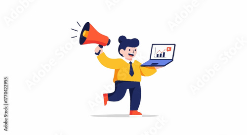 Dynamic business professional with megaphone announces growth, holding laptop showing positive charts, perfect for marketing, sales, and promotion campaigns