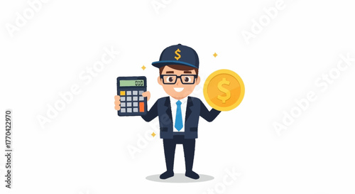 Financial success achieved with smart calculations and savings, happy businessman holding coin and calculator for financial planning, business growth
