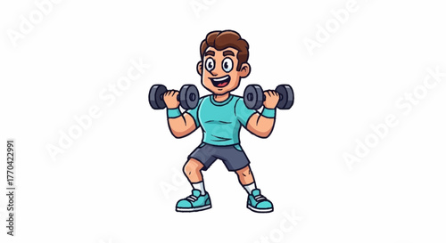 Cartoon man lifting weights, promoting fitness, health, and strength in a fun, energetic style for gyms, personal training, or healthy lifestyle campaigns