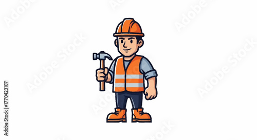 Friendly construction worker with hammer ready for a job, perfect for safety campaigns or building industry promotions and appealing to a wide audience