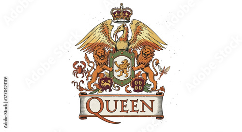 The iconic Queen band crest featuring a crown, phoenix, two lions, a shield, and the band's name on a banner, set against a white background.