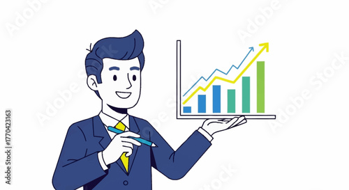 Dynamic businessman presenting positive growth charts for business strategy and investment success, driving revenue and achieving financial targets