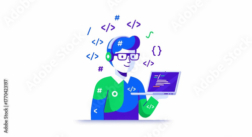 Modern programmer with laptop surrounded by code symbols, perfect for tech startups and software engineering promotions, conveying innovation and expertise
