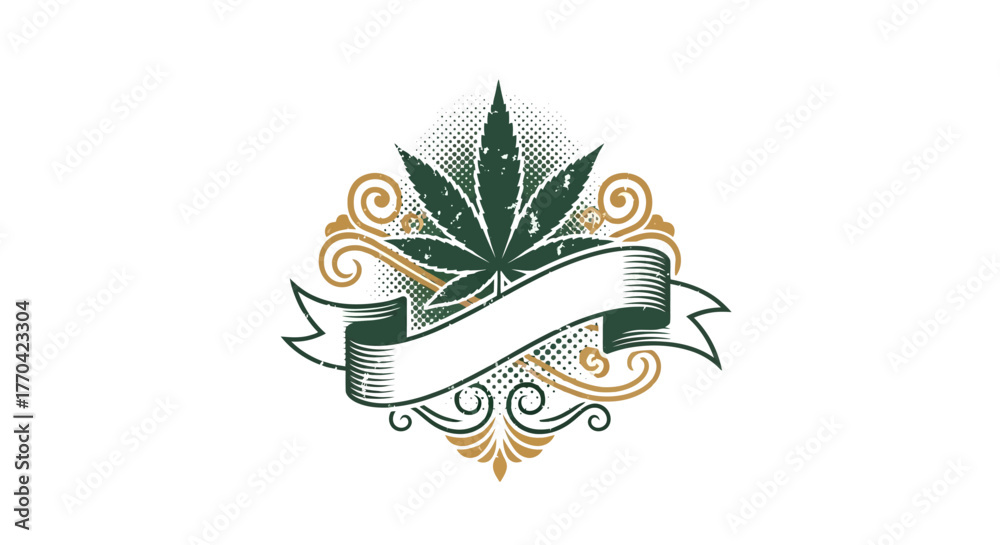 Obraz premium An ornate cannabis leaf emblem with a blank banner for text, set against a white background.