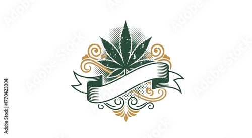 An ornate cannabis leaf emblem with a blank banner for text, set against a white background.