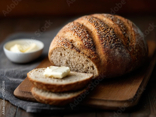 Freshly baked whole grain bread with flaxseed topping, sliced and served with butter on wooden board