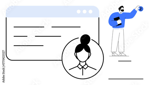 Profile photo in focus, web page interface, man holding clipboard and dollar sign. Ideal for finance, HR, recruitment, profile management, analysis data review decision-making. Simple flat metaphor