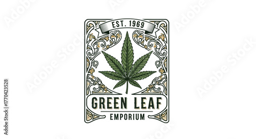 A vintage-inspired logo for 'Green Leaf Emporium' featuring a detailed cannabis leaf within an ornate frame.