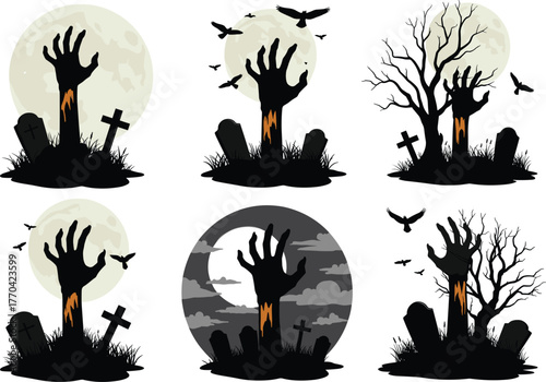 Spooky Halloween graveyard scene with zombie hand rising, full moon, tombstones, crows, eerie trees, perfect for horror vector design