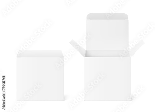 Closed paperboard box mockup. Vector illustration isolated on white background. Packaging for tea, drip bag coffee, cosmetic, food, pharmacy. Ready for your design. EPS10.