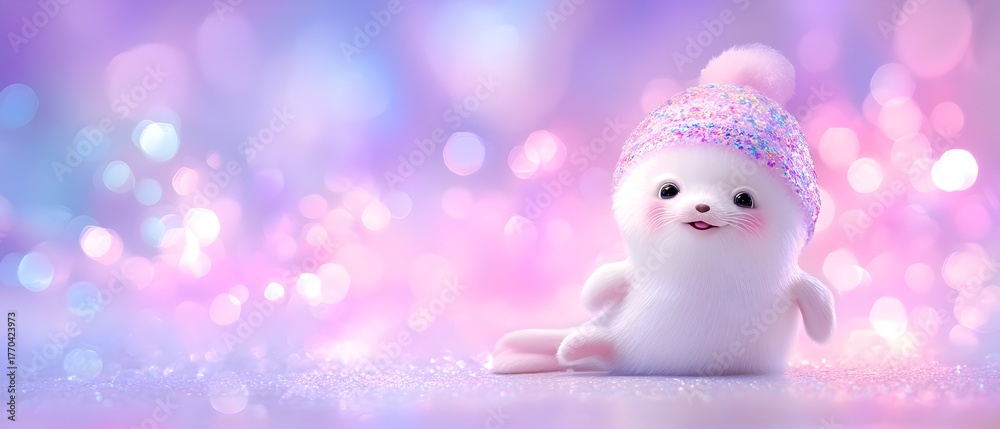 Obraz premium A small white seal with a hat on its head