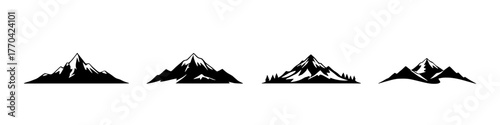 collection of minimalist mountain range silhouettes in black and white. Set of vector mountain silhouette or vintage hill peak outline for forest logo or nature landscape design.