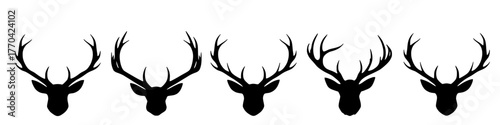 five deer heads with antlers silhouette in a row