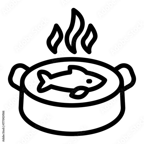 Pan of hot fish soup line icon, japanese food concept. Vector graphics. Fish soup, seafood sign on white background, style icon mobile or web design.