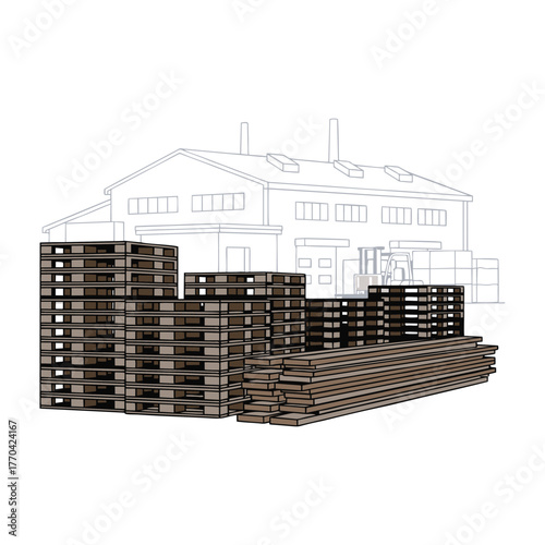 3d model of a building with wooden pallet board