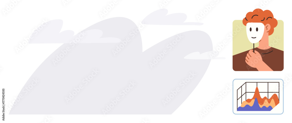 Fototapeta premium Red-haired individual holding a mask, clouds in the background, graph with data trends. Ideal for self-discovery, identity, analysis, psychology, decision-making creativity personal growth. Simple