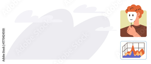 Red-haired individual holding a mask, clouds in the background, graph with data trends. Ideal for self-discovery, identity, analysis, psychology, decision-making creativity personal growth. Simple