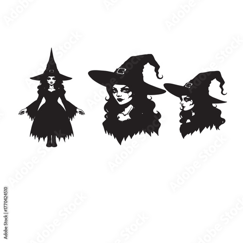 Three black silhouette witches with pointy hats halloween