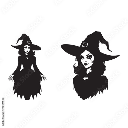 Two black silhouette witches with hats halloween magic