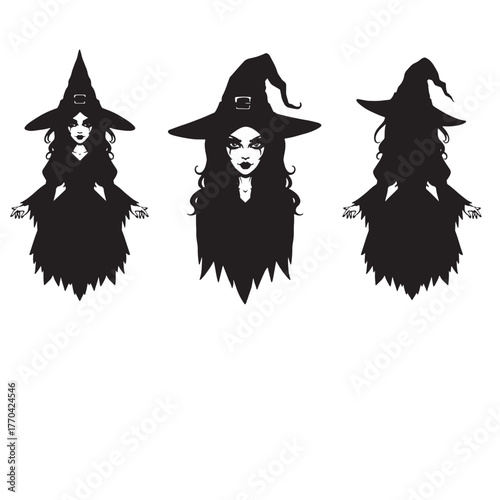 Three black silhouette witches with pointy hats halloween
