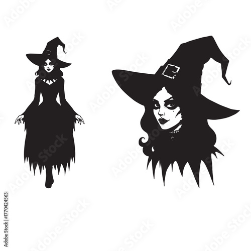Two black silhouette witches, one full body, one bust