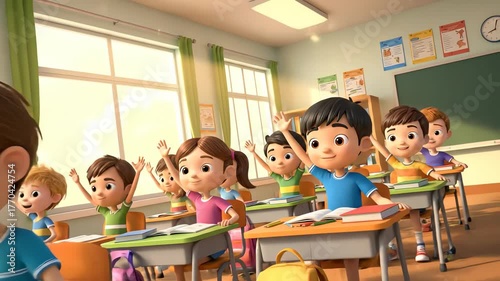 In a brightly lit classroom, a teacher and student communicating as the student raises a hand in response to a question, depicted in a cartoon style with vibrant, cheerful colors against a backdrop