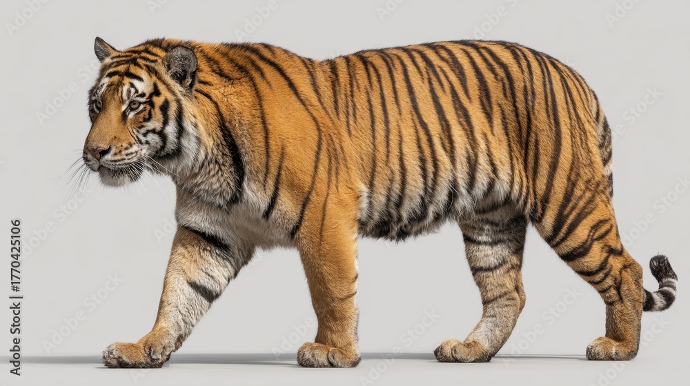 Obraz premium Majestic Stride A Portrait of a Bengal Tiger in Motion on Soft White
