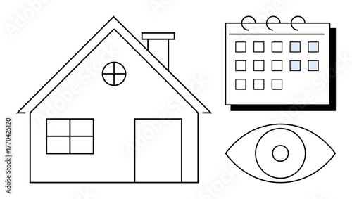 House structure, calendar, and eye symbolizing home management, scheduling, and surveillance. Ideal for home planning, scheduling, security, monitoring organization strategies or technology