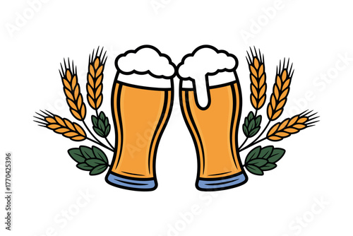 Two glasses of beer are clinking together with barley and hops arranged around them.