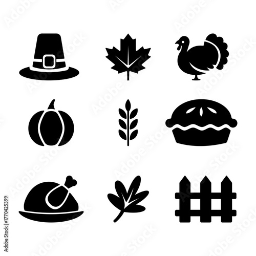 Thanks silhouette vector icons. The set with a pilgrim hat, maple leaf, turkey, pumpkin, wheat stalk, pie, roasted turkey, autumn leaf, wooden fence. Minimalist holiday symbols for seasonal design.