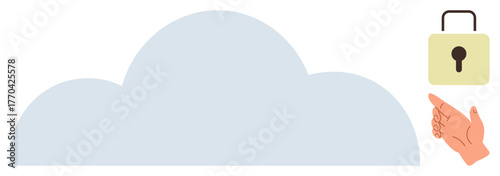 Large cloud representing cloud storage, accompanied by a lock icon and a hand pointing to it. Ideal for data protection, cybersecurity, privacy, technology, cloud computing, secure storage, simple